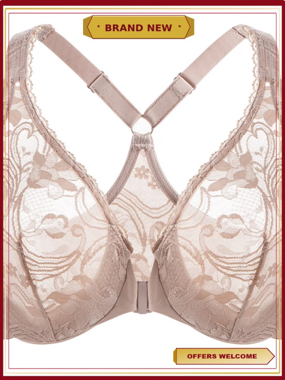 Plus Size Racerback Lace Underwire Front Closure Bra Beige
